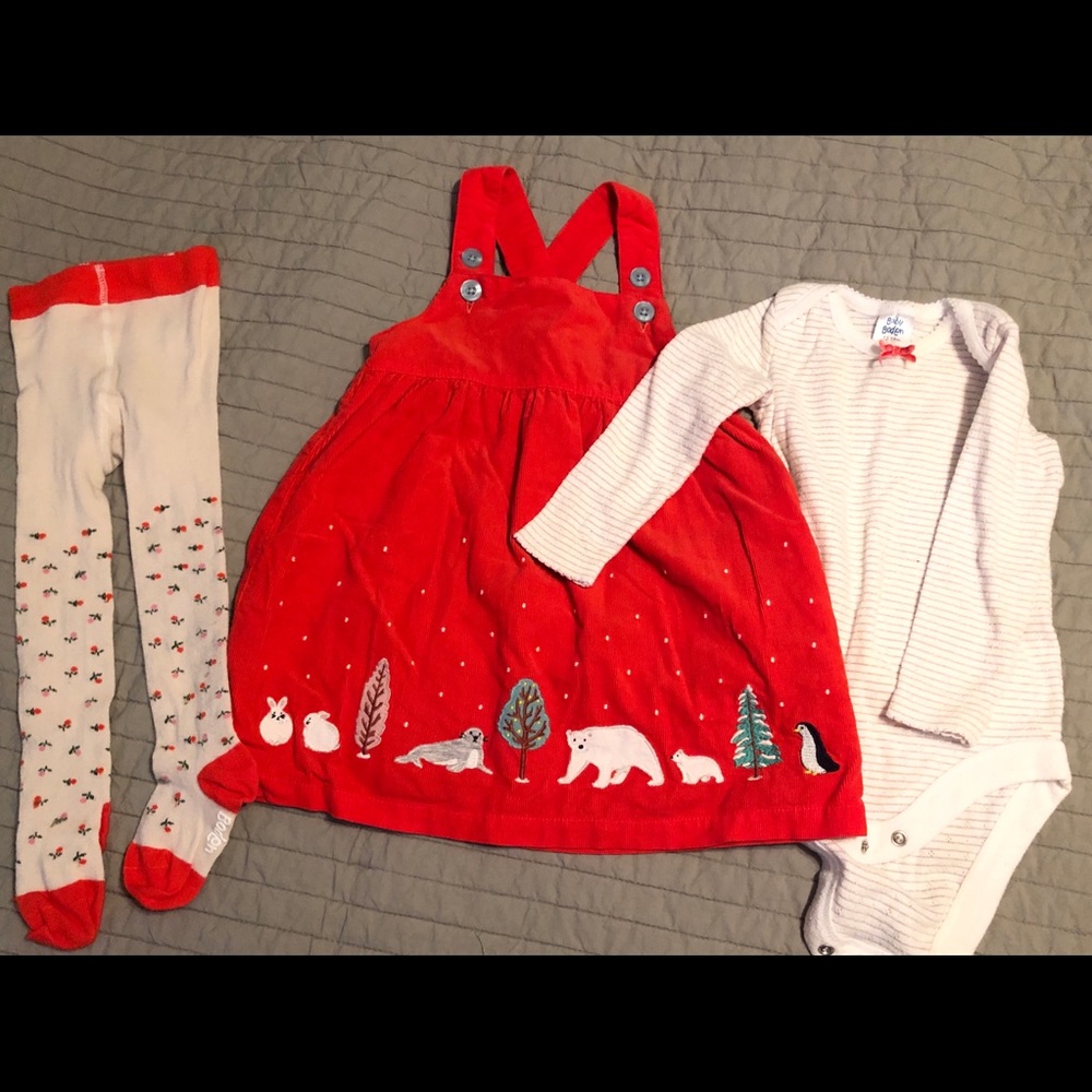 Baby Boden Red corduroy dress, shirt & tights